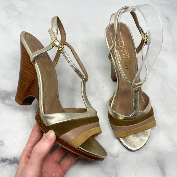 Ted Baker Shoes - Ted Baker Leather Suede Metallic Gold T-Strap Wedge Sandal Heels Boho Party 8